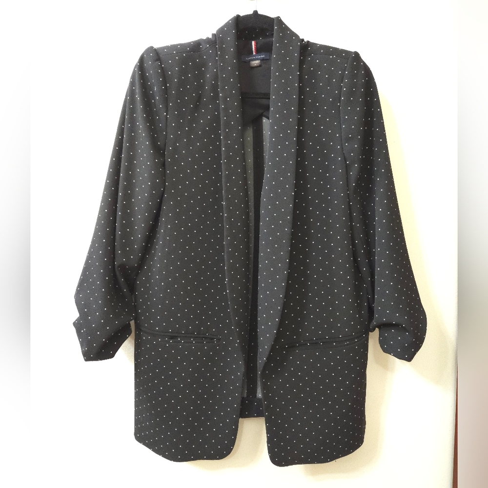 Tommy Hilfiger Women's Blazer Size 14 - White Micro Polka Dot, 3/4 Ruched Sleeve